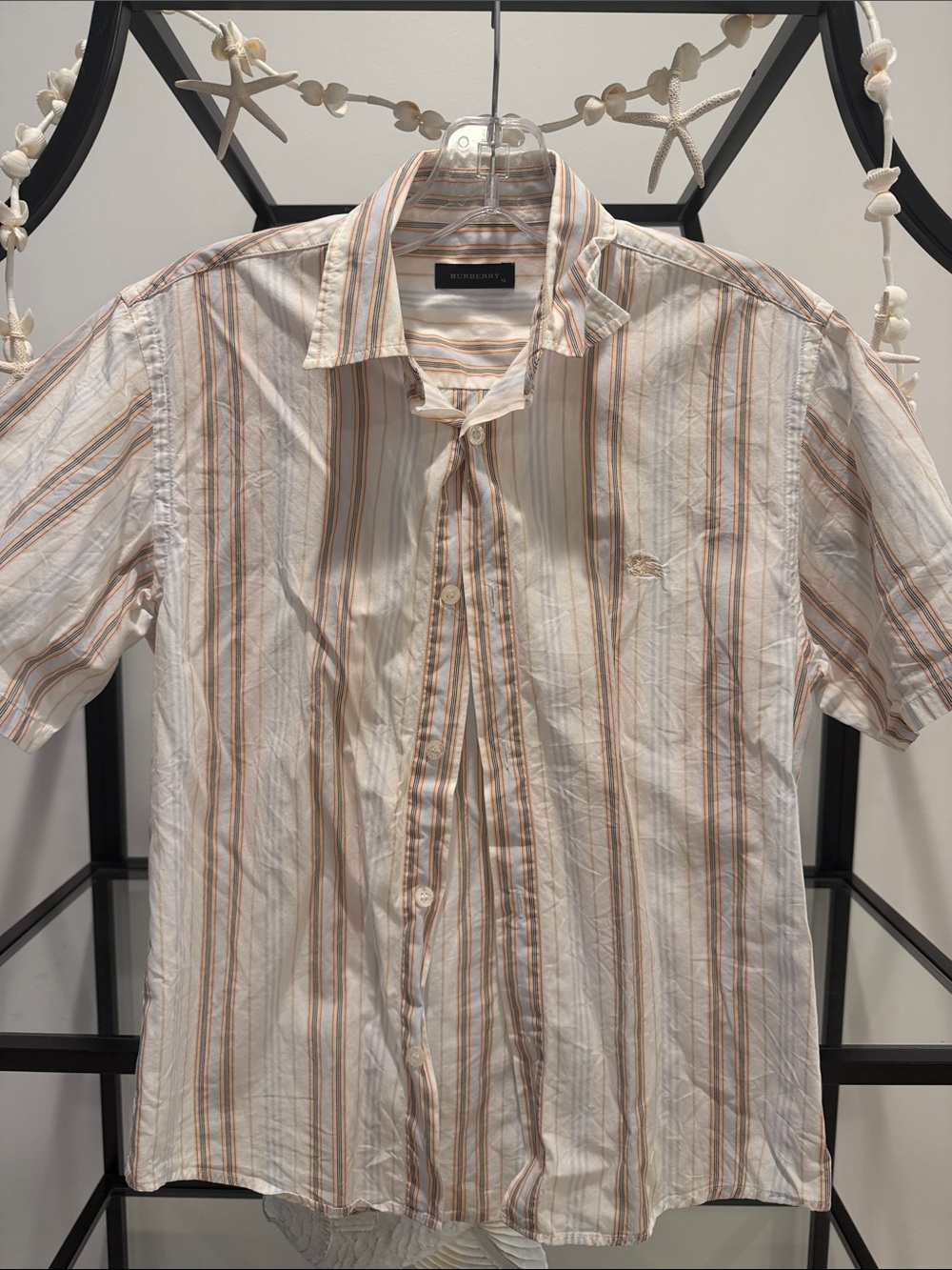 Burberry Cream and Brown Striped Short-Sleeve Button-Down Shirt